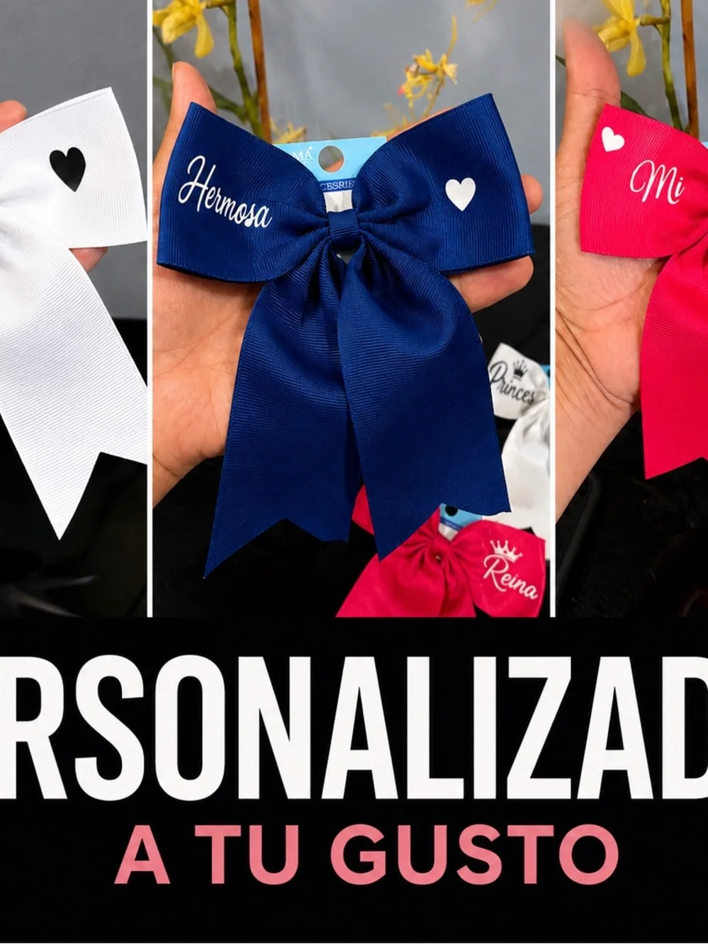 Customizable Ribbon Bow Hair Clip - Navy, White, Hot Pink